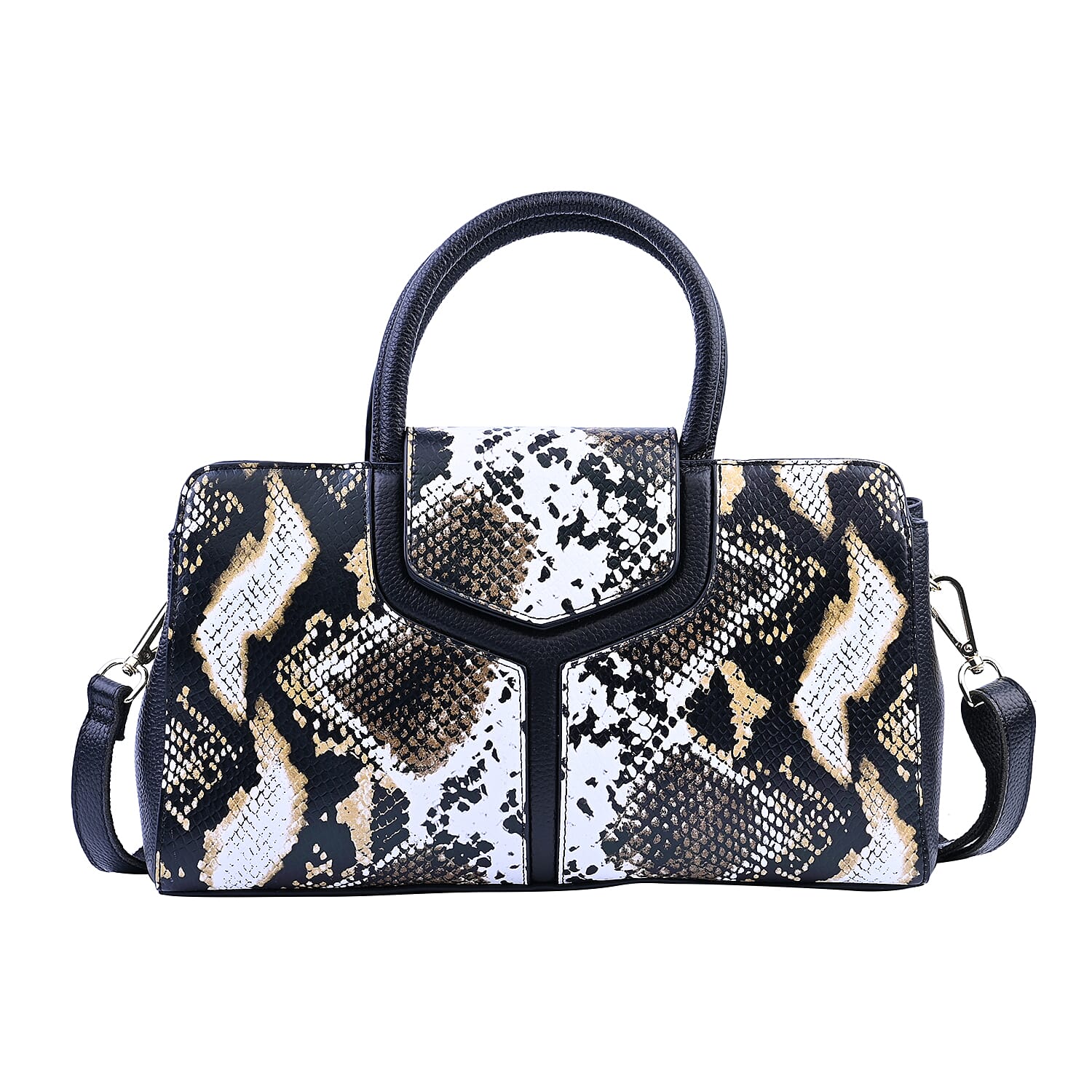 Hong Kong Closeout Collection Black and Brown Snakeskin Print Genuine Leather Convertible Bag with Flap Lock & Zip Closure (12.2"x3.5"x7.096")