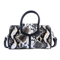 Hong Kong Closeout Collection Black and Brown Snakeskin Print Genuine Leather Convertible Bag with Flap Lock & Zip Closure (12.2"x3.5"x7.096")