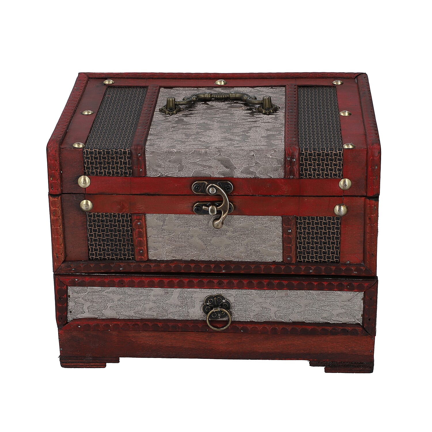 MDF 3 Layer Golden Floral Embossed Pattern Wooden Jewelry Box (8.6"x 6.3"x6.3")