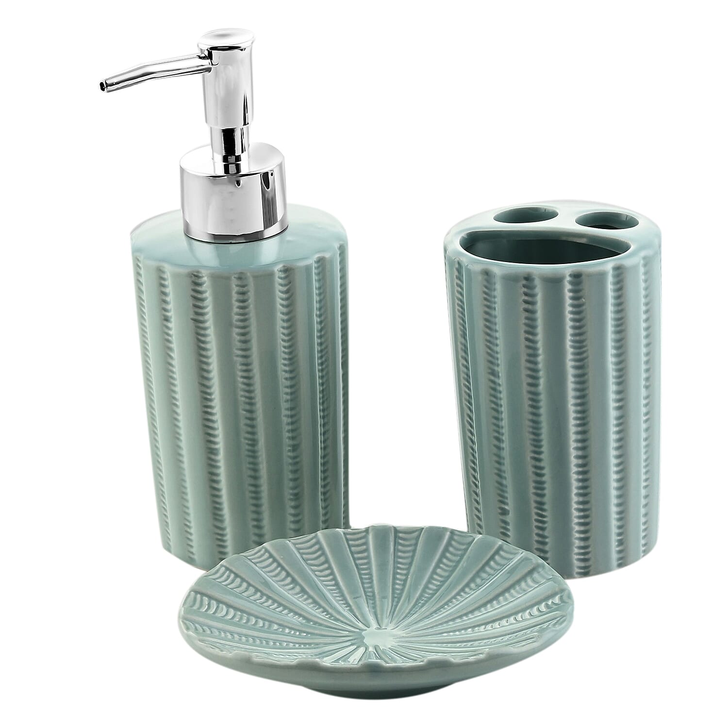 Green Stripe 3pc Bath Ceramic Solution Set (Toothbrush Holder, Liquid Pump Dispenser & Soap Dish)