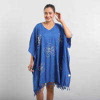 JOVIE Blue Sequin and Fringe Embellishments V-Neck Kaftan Top - One Size Fits Most (35"x45")