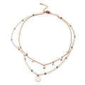 White Freshwater Pearl, White Mystic Color Glass and Resin 2 Row Layered Necklace with Coin Charm 20.5 Inches in Goldtone - Sticky add to cart bar