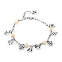 White Freshwater Cultured Pearl Heart Charm Anklet in Stainless Steel (9-11 Inches)