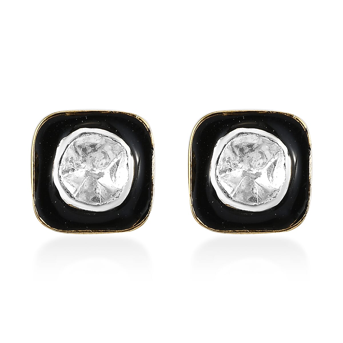 Polki Diamond and Black Enameled Stud Earrings in 14K Yellow Gold Over Sterling Silver 0.33 ctw