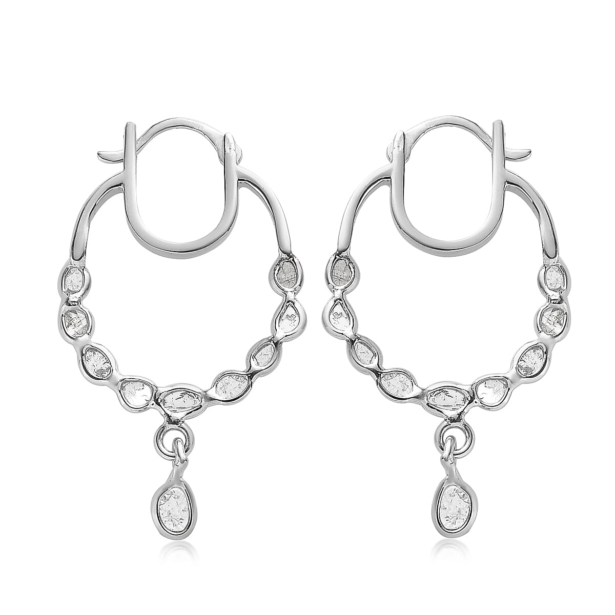 Polki Diamond Inside Out Hoop Earrings in Platinum Over Sterling Silver 1.00 ctw