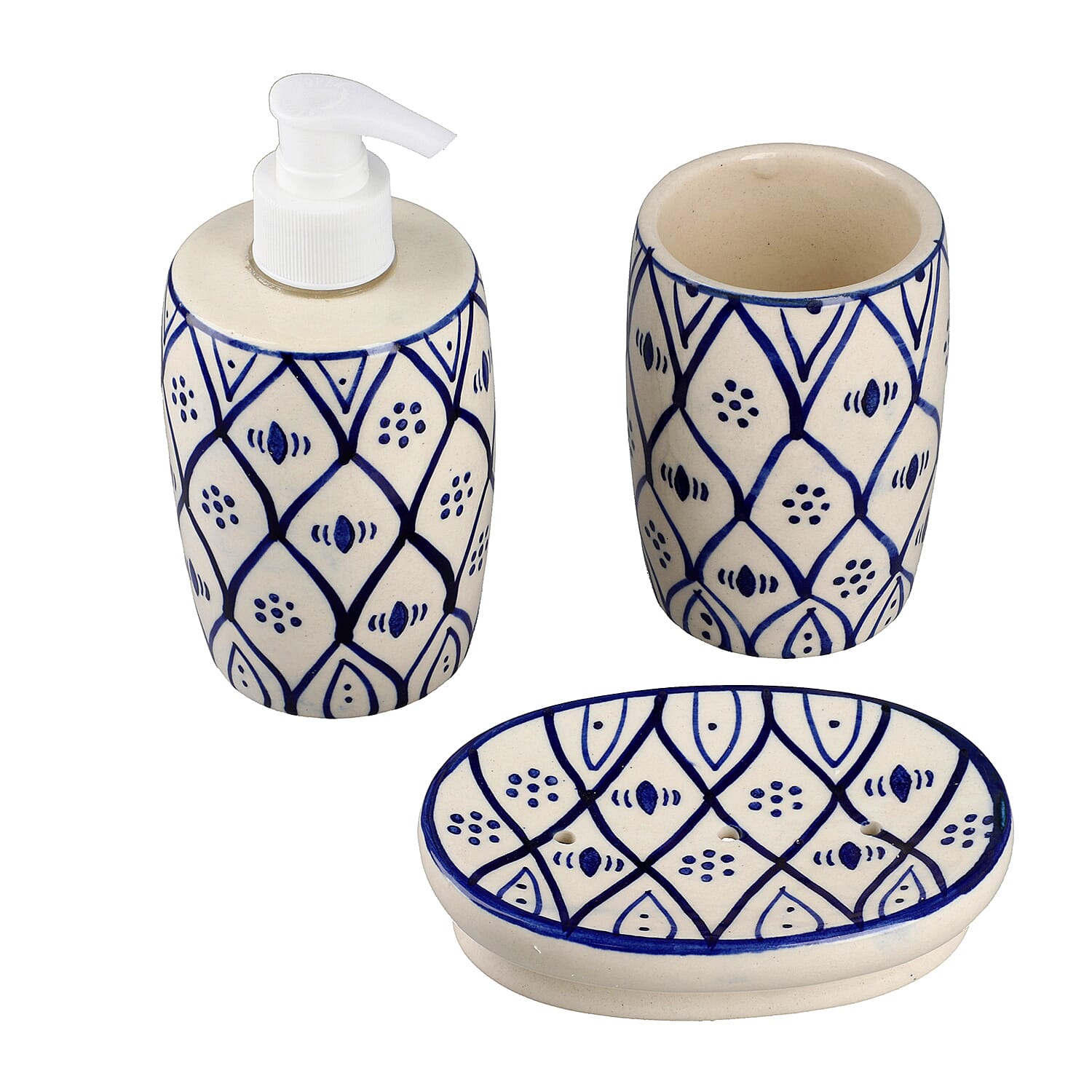 Set of 3 Ceramic Bathroom Accessory Liquid Soap Dispenser, Soap Tray & Tumbler - Blue and White (8x8x6)