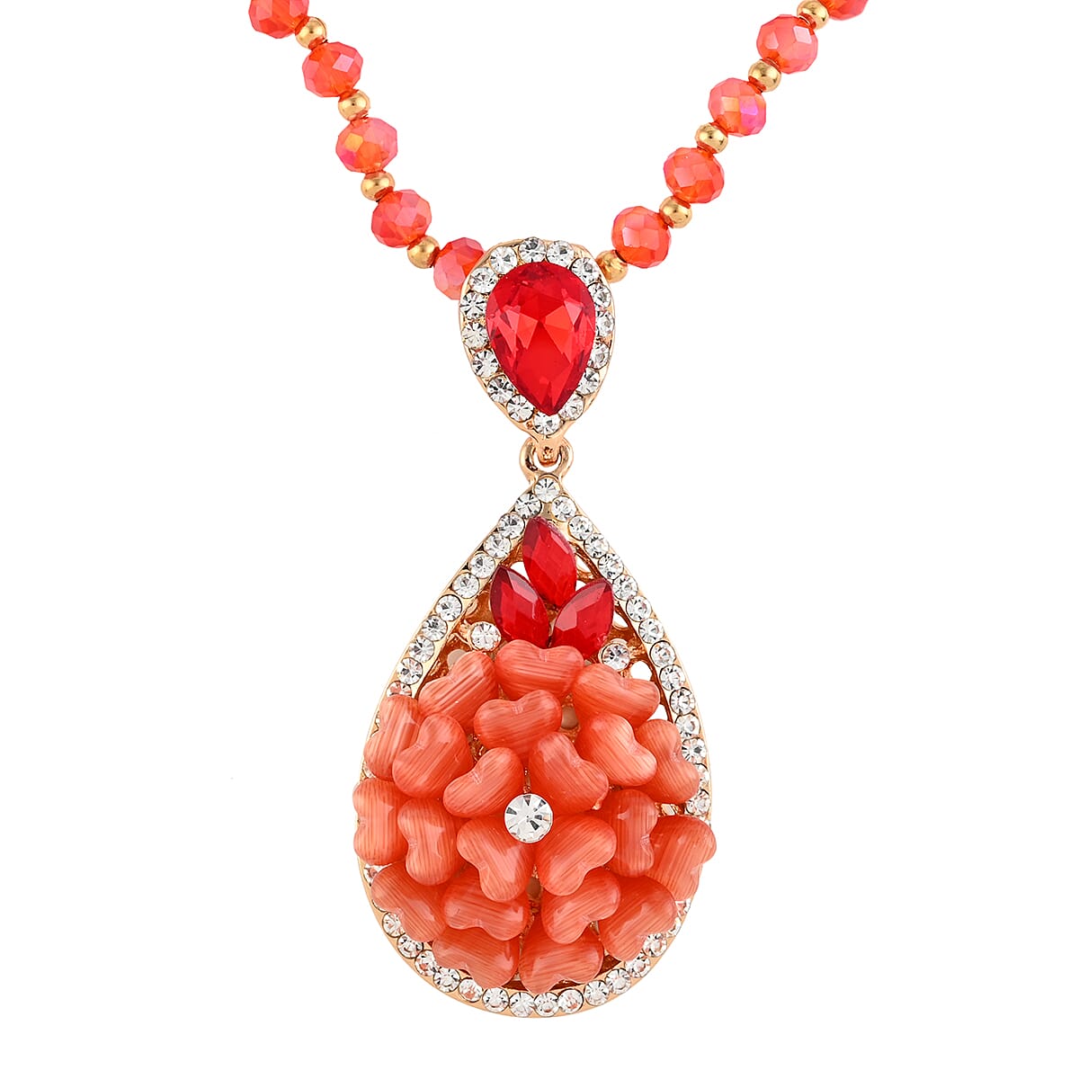 Simulated Red Cat's Eye and Simulated Multi Gemstone Necklace 28 Inches in Goldtone