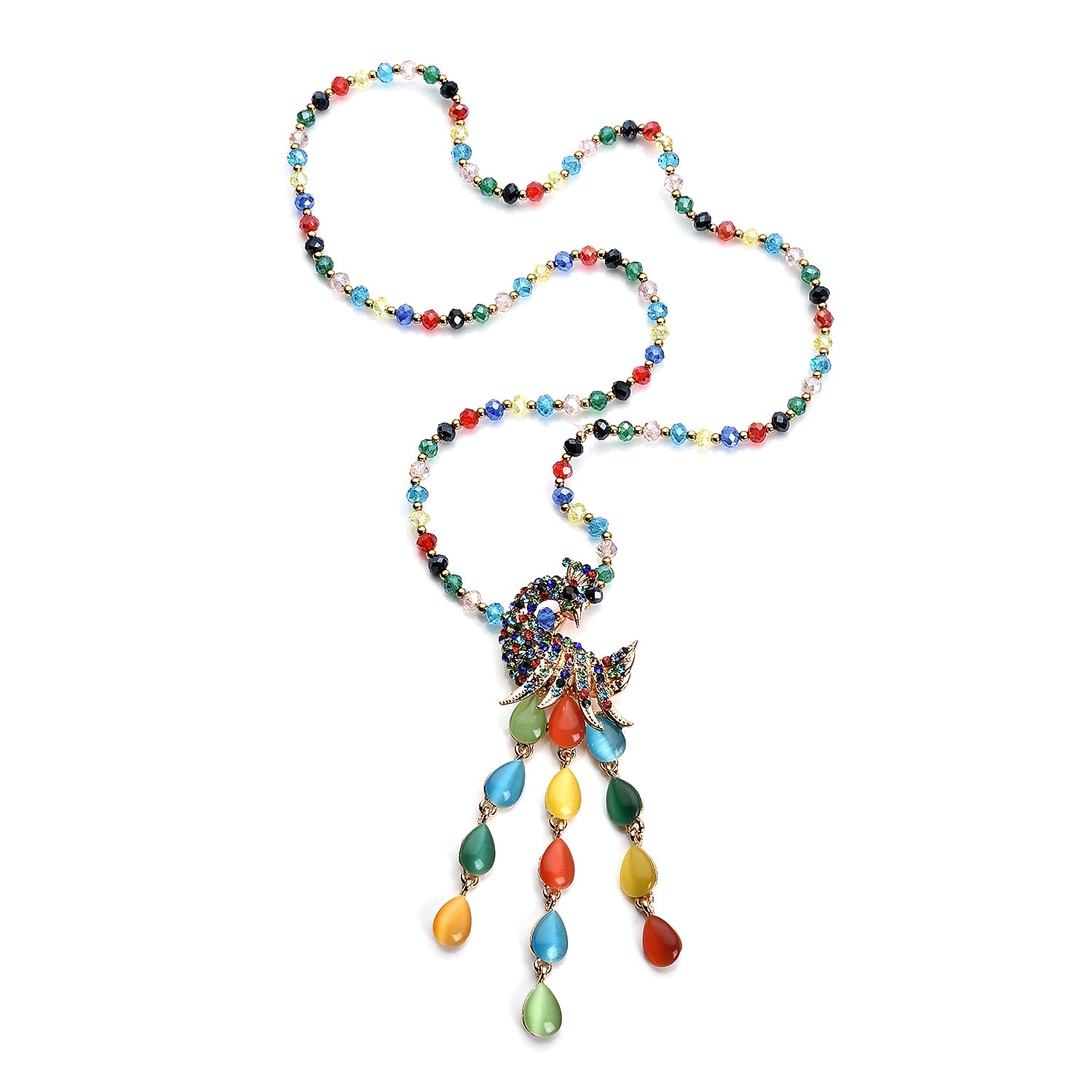 Lab Created Cat's Eye and Multi Austrian Crystal Peacock Necklace 28 Inches in Goldtone