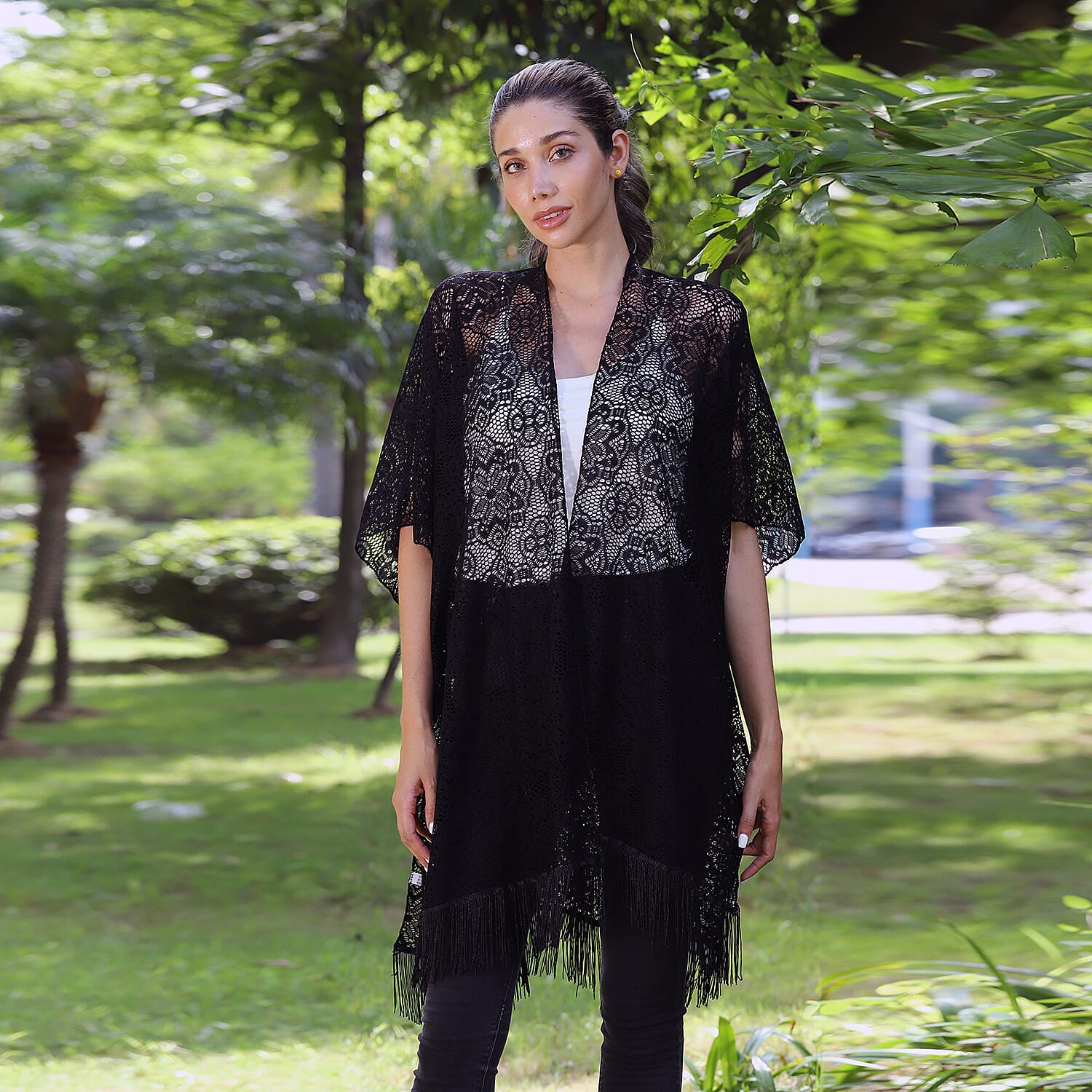 SOLD JOVIE Black Lace Kimono with Fine Fringe Hem image number 0 JOVIE Black Lace Kimono with Fine Fringe Hem image number 1 JOVIE Black Lace Kimono with Fine Fringe Hem image number 2 JOVI