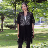 SOLD JOVIE Black Lace Kimono with Fine Fringe Hem image number 0 JOVIE Black Lace Kimono with Fine Fringe Hem image number 1 JOVIE Black Lace Kimono with Fine Fringe Hem image number 2 JOVI