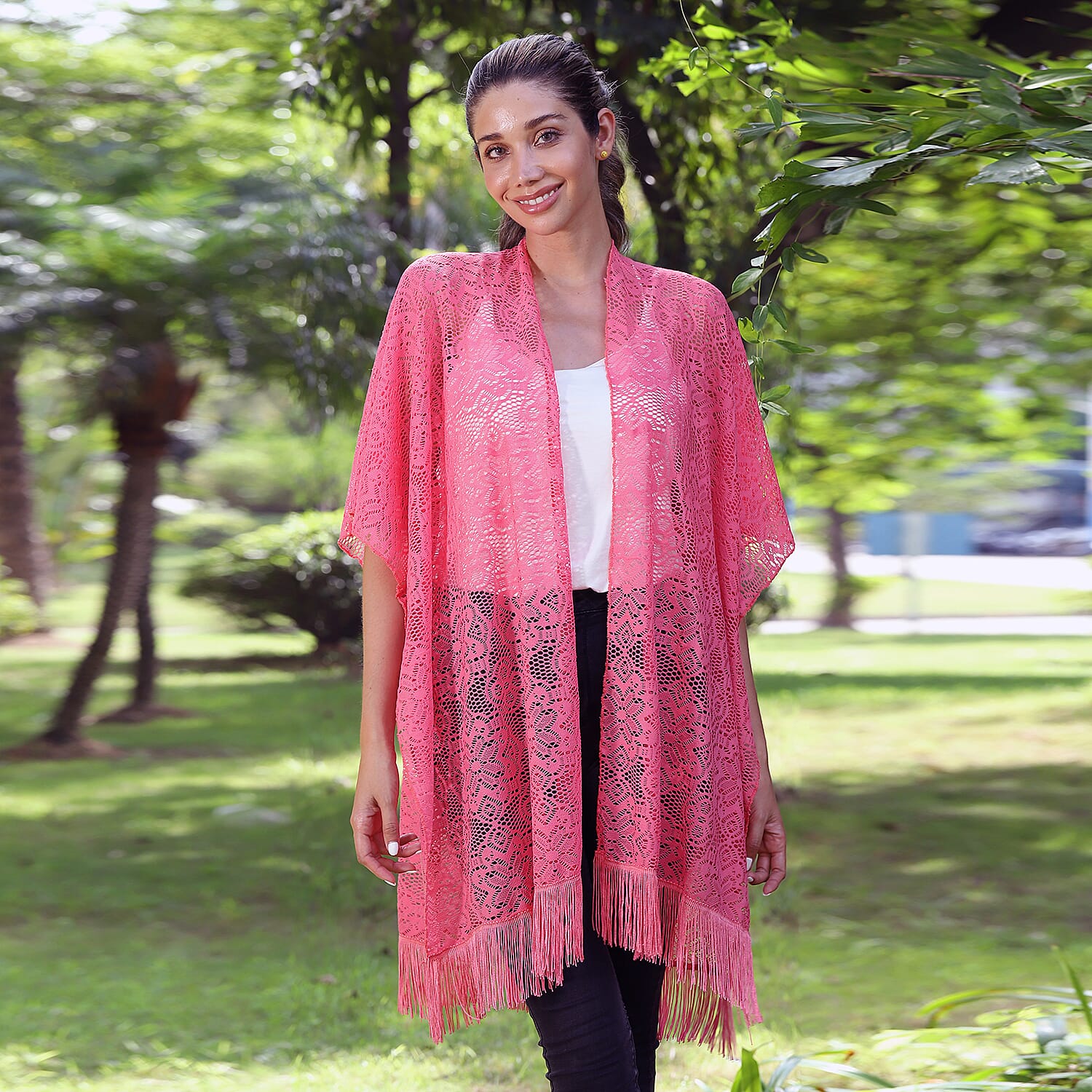SOLD JOVIE Black Lace Kimono with Fine Fringe Hem image number 0 JOVIE Black Lace Kimono with Fine Fringe Hem image number 1 JOVIE Black Lace Kimono with Fine Fringe Hem image number 2 JOVI