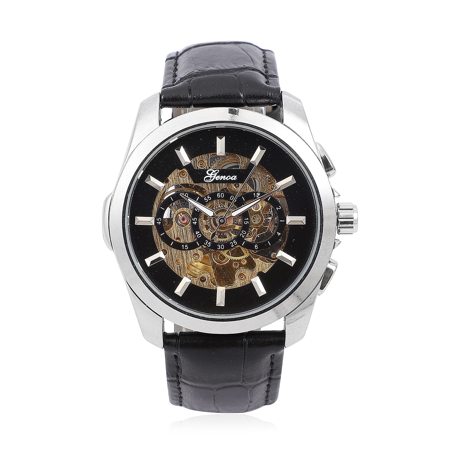 GENOA Automatic Mechanical Movement Watch with Black Skeleton Dial & Black Leather Strap