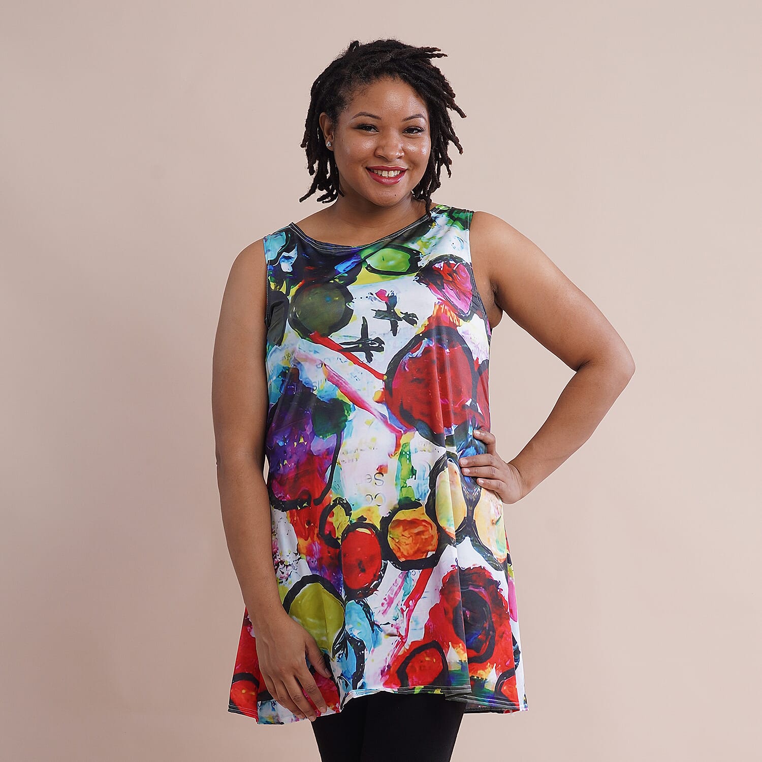 JOVIE Black Feather Pattern Sleeveless A-Line Tunic (S/M)