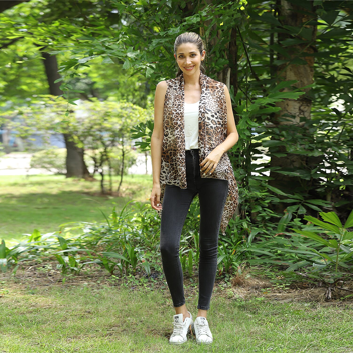 JOVIE Brown Leopard Printed Chiffon Sleeveless Waterfall Cardigan (54"x39")