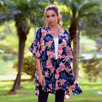 JOVIE Navy Hibiscus Printed Kimono with Ruffle Hem (35"x33")