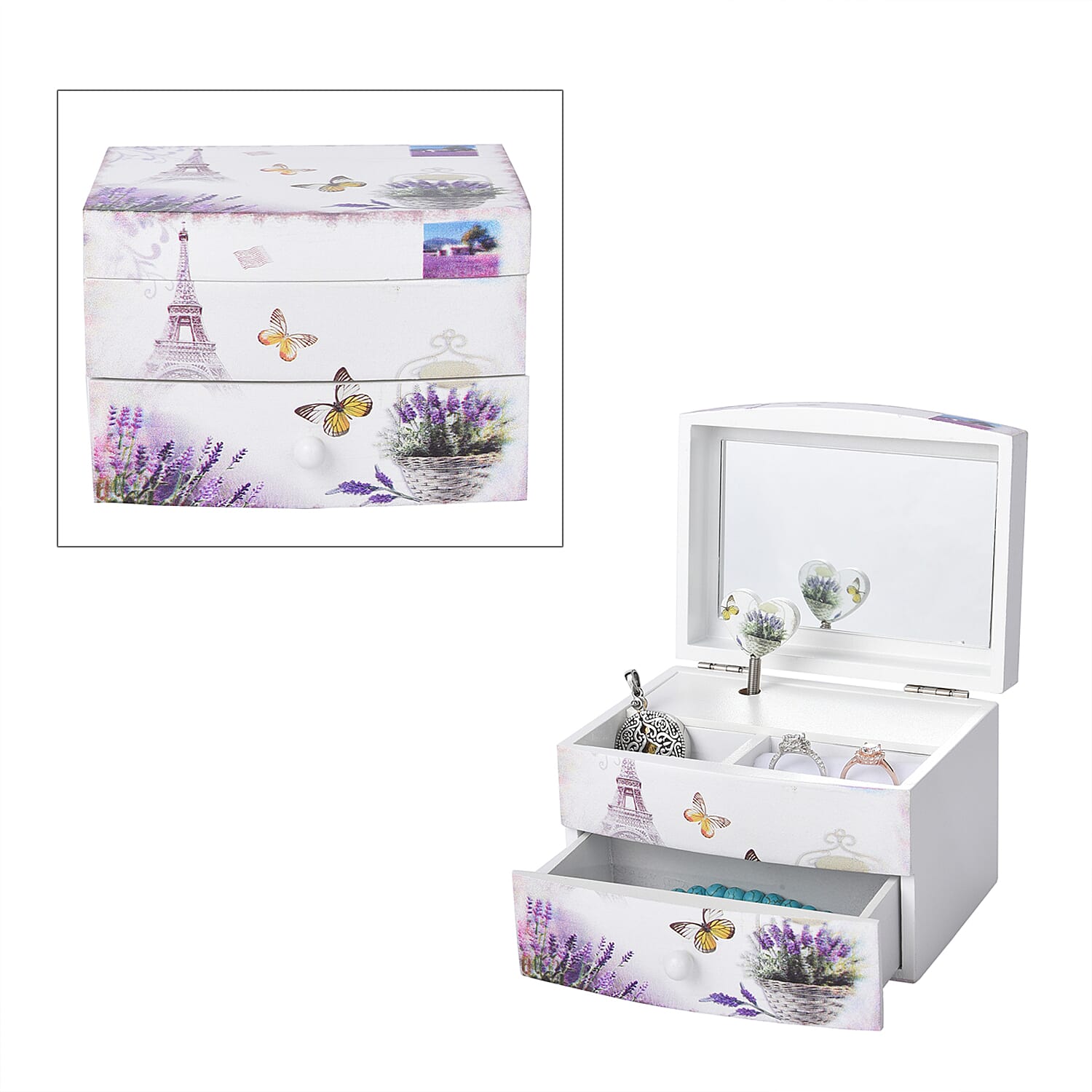 White and Purple Floral & Tower Pattern 2 Layer Music Jewelry Box (1)