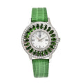 EON 1962 Natural Chrome Diopside Swiss Movement Stainless Steel Triple Halo MOP Dial Watch with Green Leather Band 7.00 ctw - Sticky add to cart bar