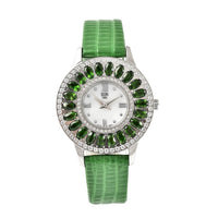 EON 1962 Natural Chrome Diopside Swiss Movement Stainless Steel Triple Halo MOP Dial Watch with Green Leather Band 7.00 ctw