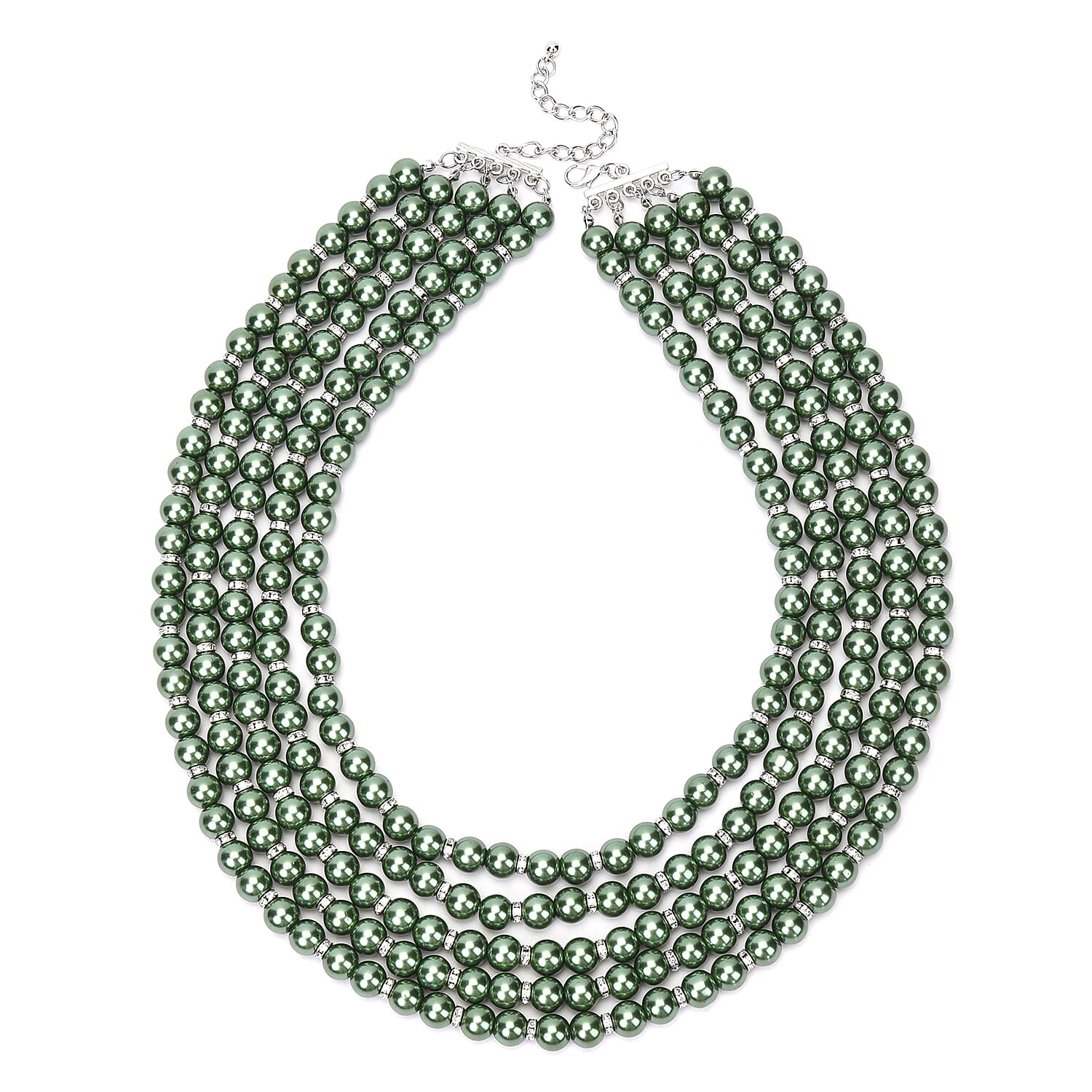Simulated Green Pearl, White Austrian Crystal Multilayer Necklace 22.50 Inches in Silvertone