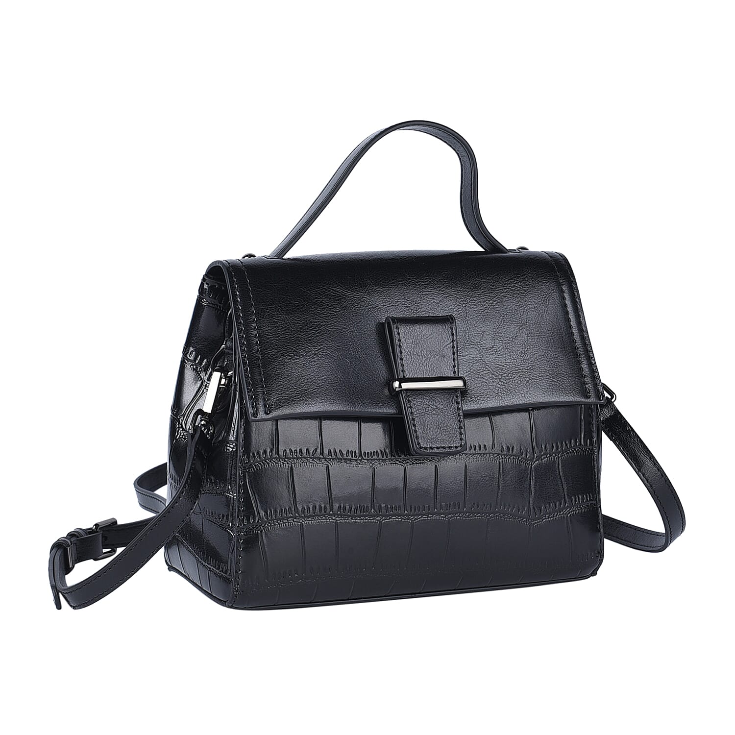 Hong Kong Closeout Collection Black Croc Embossed Pattern Genuine Leather Tote Bag with Set of 2 Woven & Leather Strap