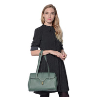 Hong Kong Closeout Collection Green Genuine Leather Tote Bag with Flap Cover & Handle Drop