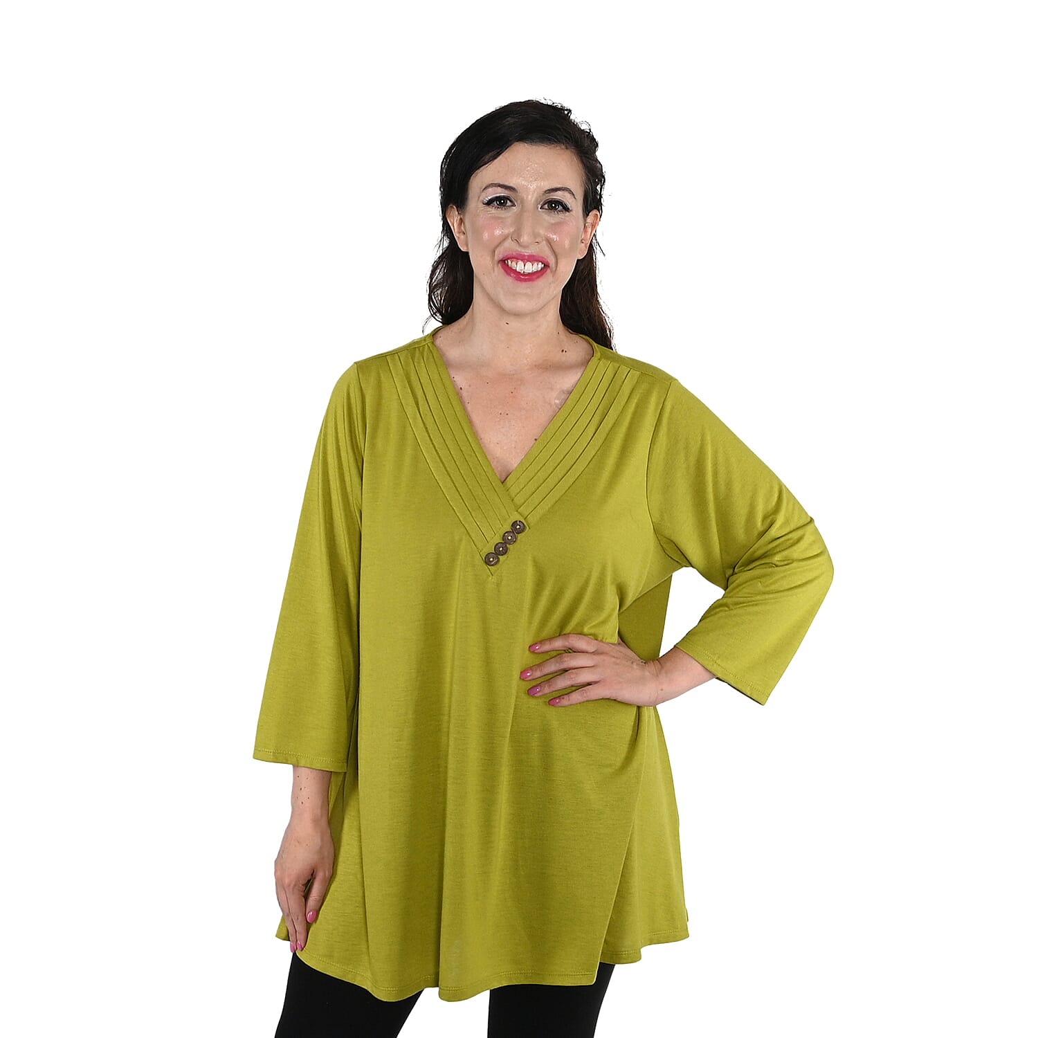 KAKTUS 3/4 Sleeve Split Pea V-Neck Top with Button Detail - Size XL (1)
