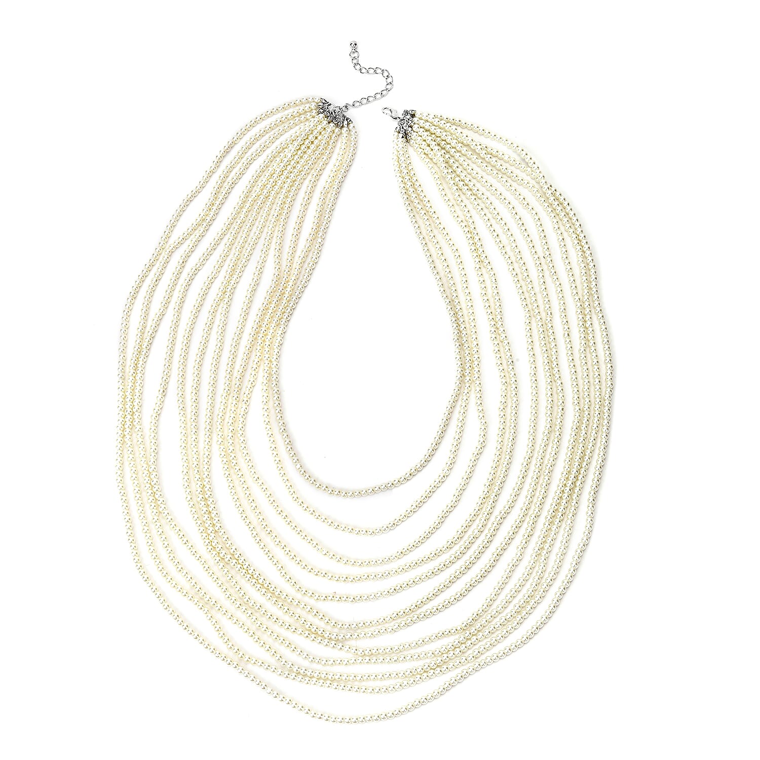 Simulated White Color Pearl Multi Strand Necklace 21-24 Inches in Silvertone