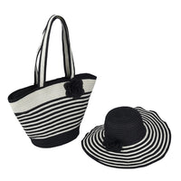 Black and White Stripe Pattern Polyester Handbag with Matching Paper Straw Hat