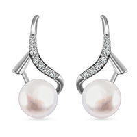 White Freshwater Pearl and Simulated Diamond Earrings in Silvertone