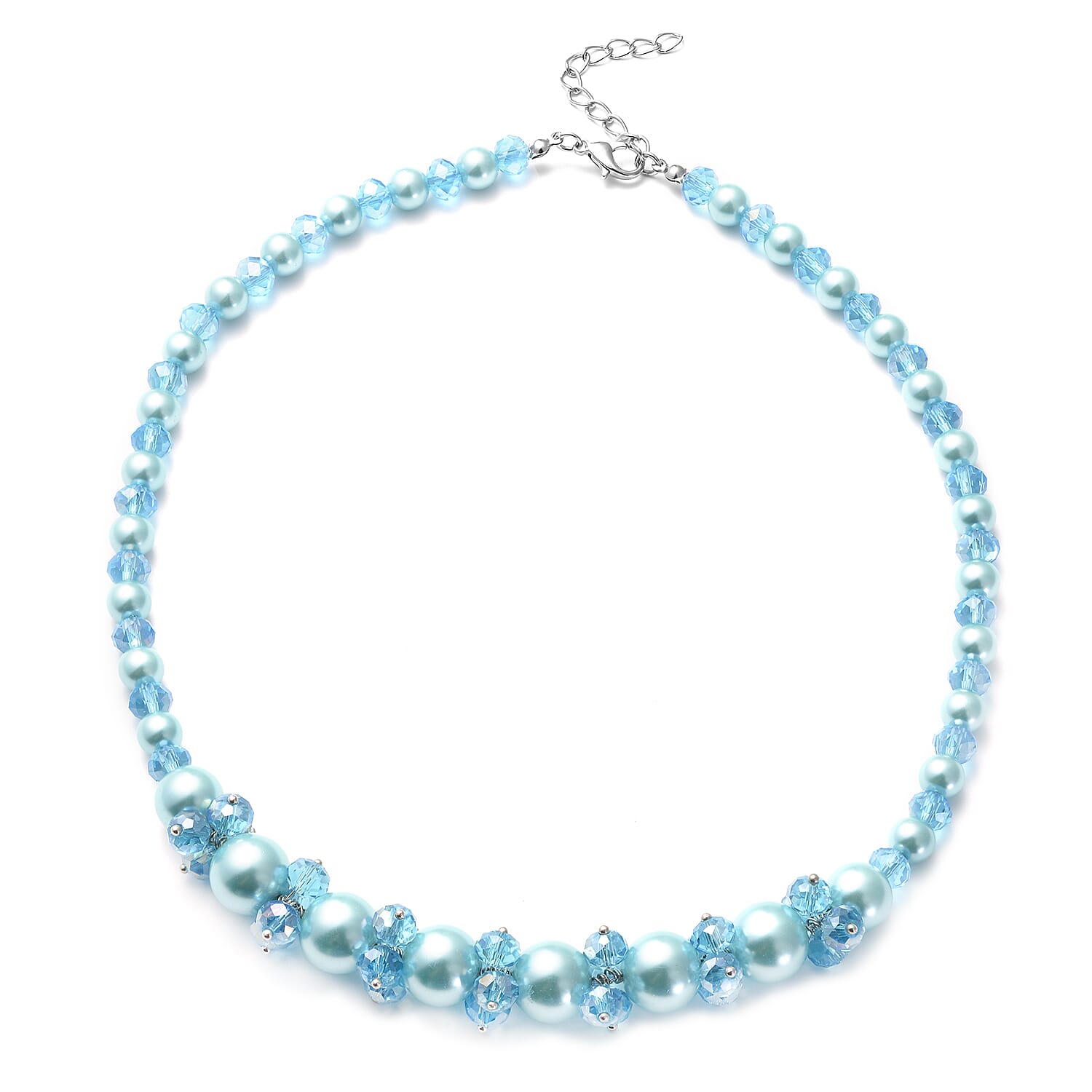 Simulated Blue Pearl and Glass Beaded Necklace 20-22 Inches in Silvertone