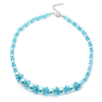 Simulated Blue Pearl and Glass Beaded Necklace 20-22 Inches in Silvertone