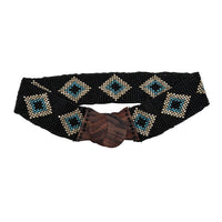 Handcrafted Black Southwestern Seed Beaded Stretch Belt with Wooden Buckle