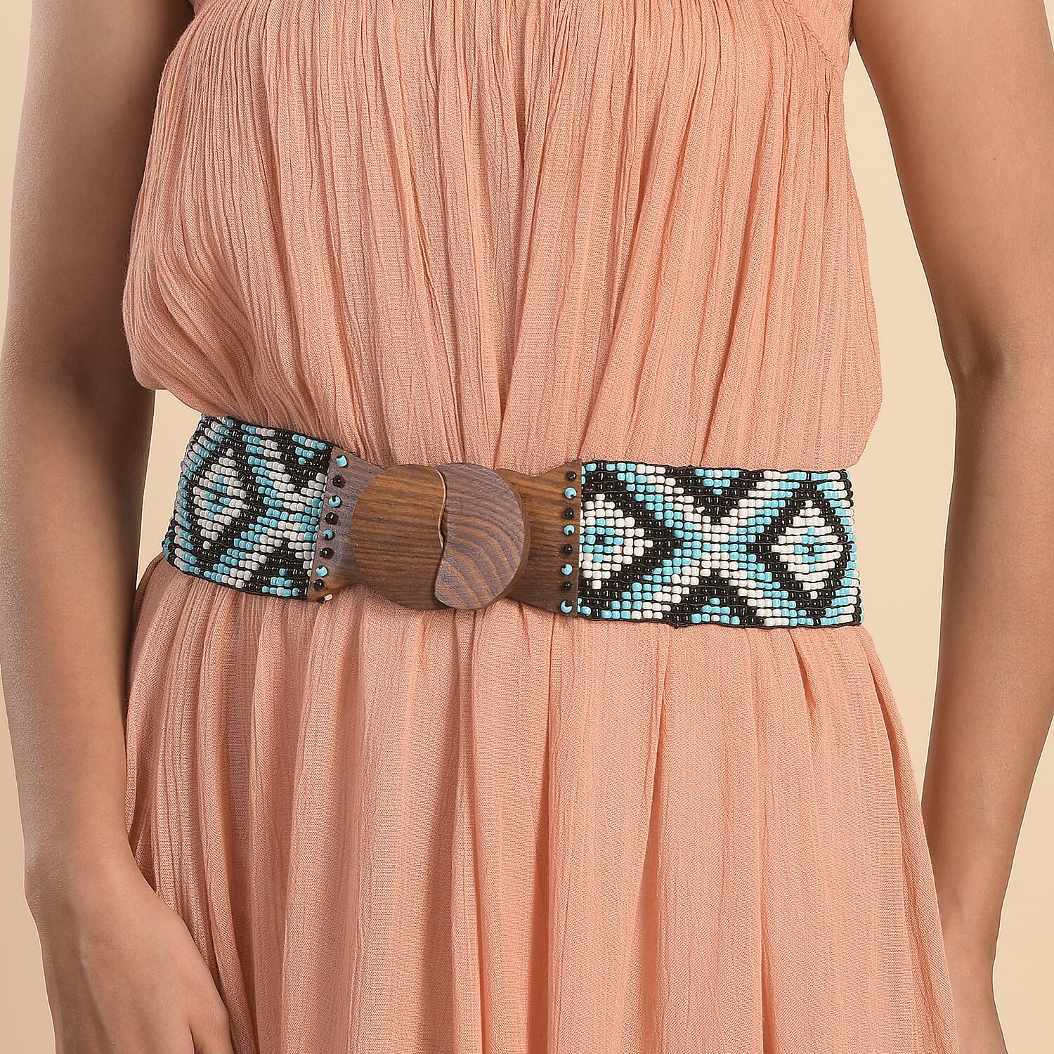 Handcrafted Black Southwestern Seed Beaded Stretch Belt with Wooden Buckle