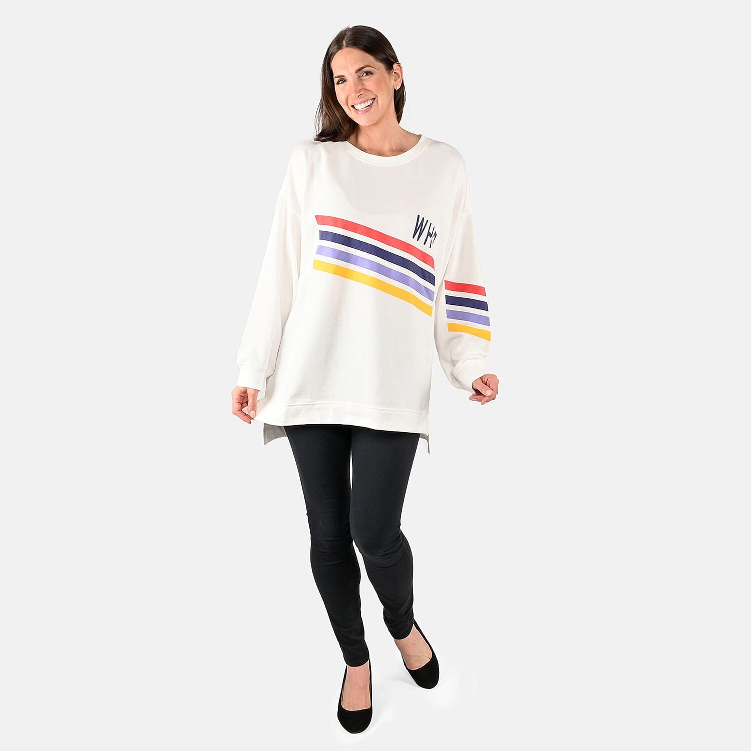 DUBGEE White Long Sleeve Multicolor Stripe Logo French Terry Sweatshirt- S