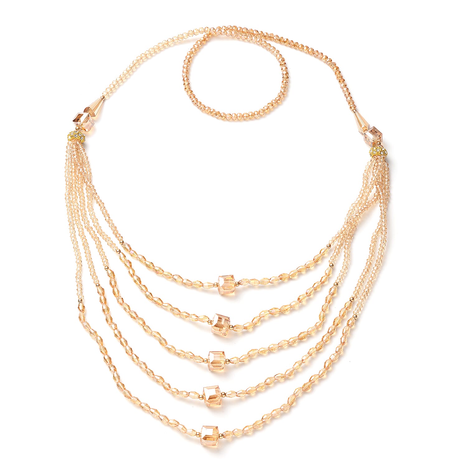 Simulated Champagne Color Diamond and White Austrian Crystal Beads Layered Necklace 30 Inches in Goldtone