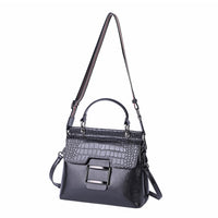 Hong Kong Closeout Collection Black Genuine Leather Convertible Bag (10"x4.75"x9") with Croc Embossed Pattern Flap and Set of 2 Woven & Leather Strap