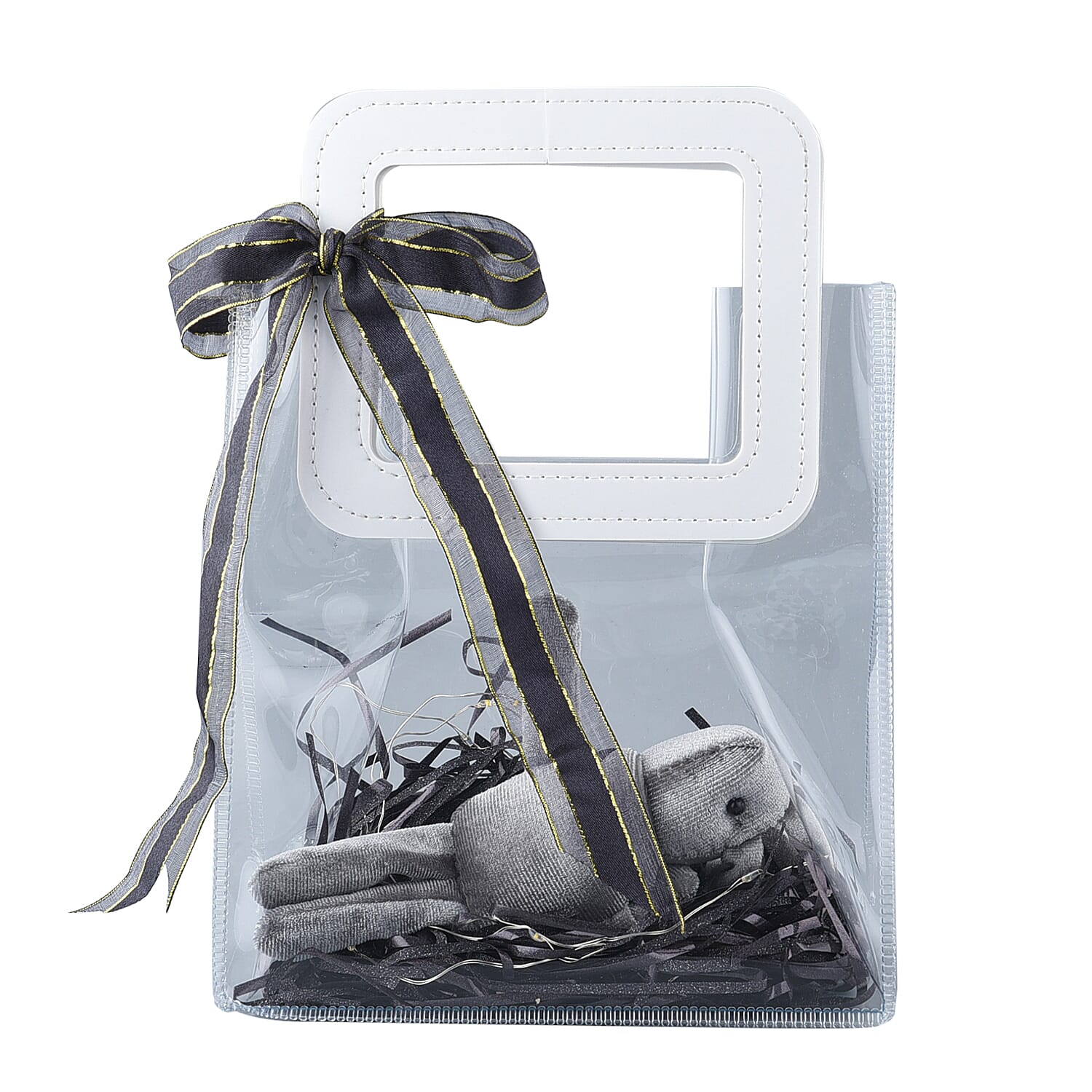 Black Gift Bag with Little Rabbit Doll, Ambient Lighting and Raffia (6.89"x3.74"x7.68")