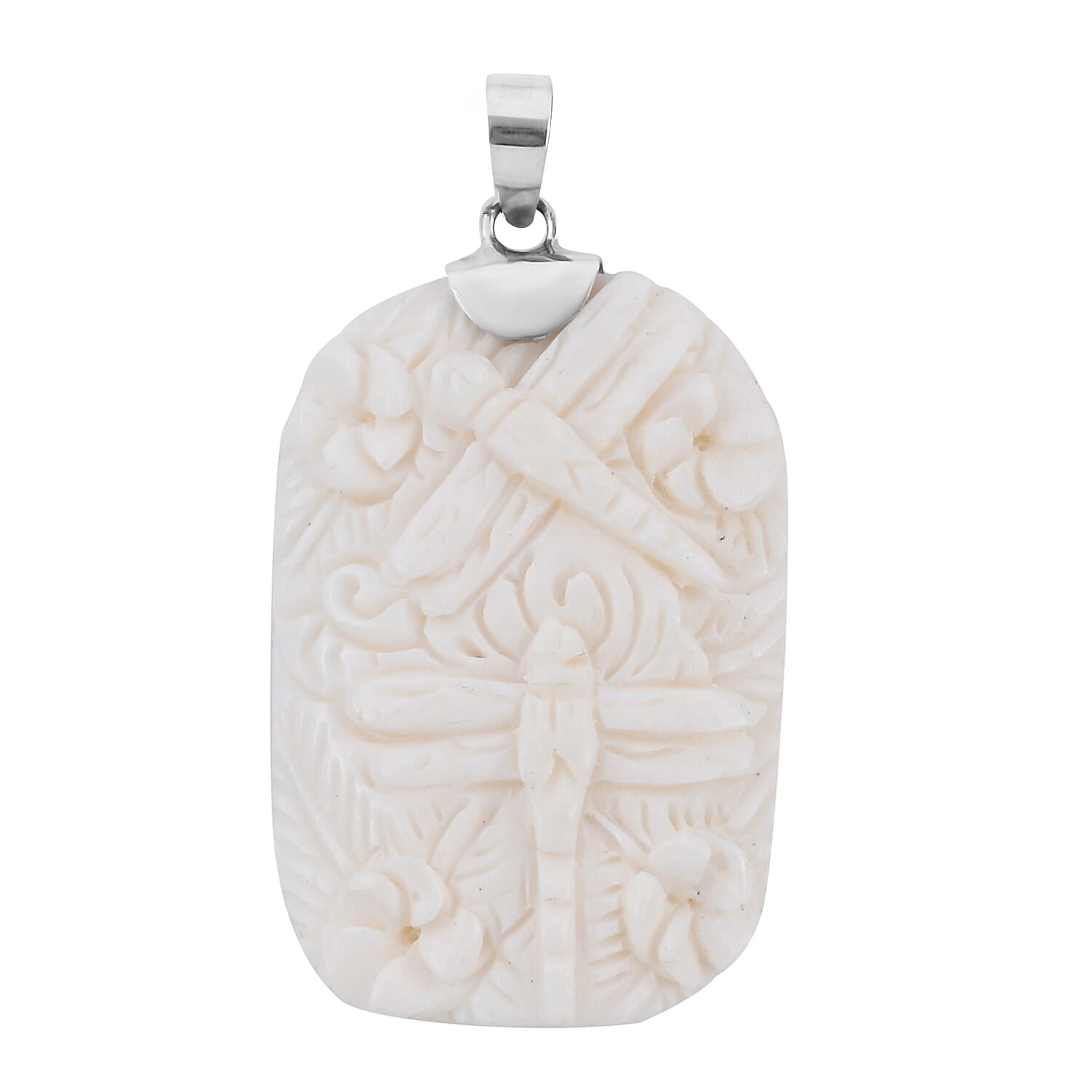 BALI GODDESS Carved Bone Dragonfly Pendant in Sterling Silver