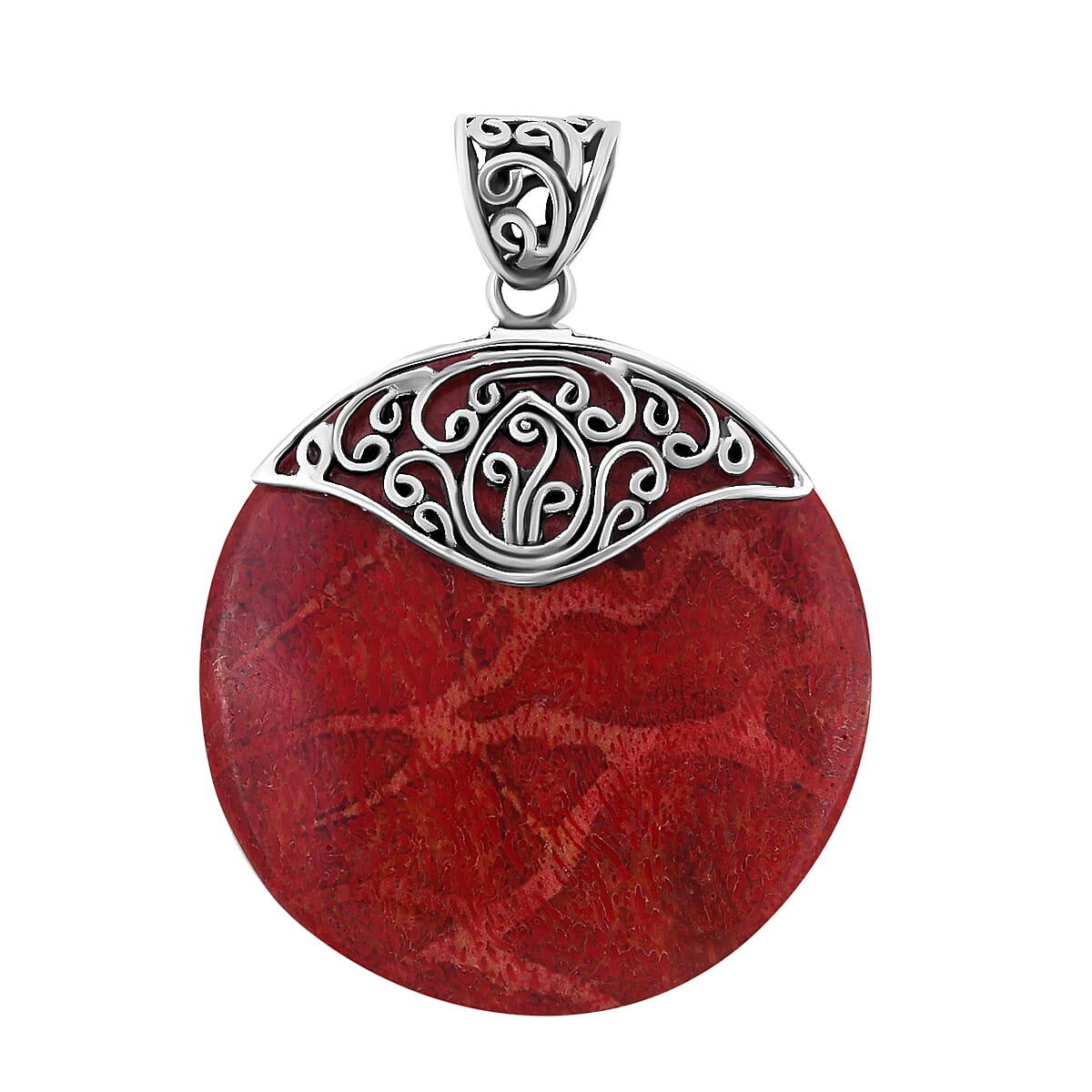 Coral Rounf Scrolls Pendant in Sterling Silver