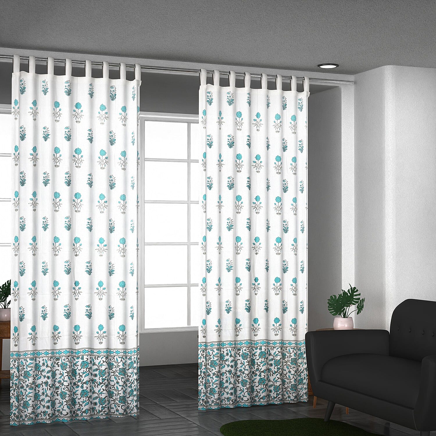 Pair of 2 Blue Screen Printed Cotton Mull Curtains with Tie Back & Loop