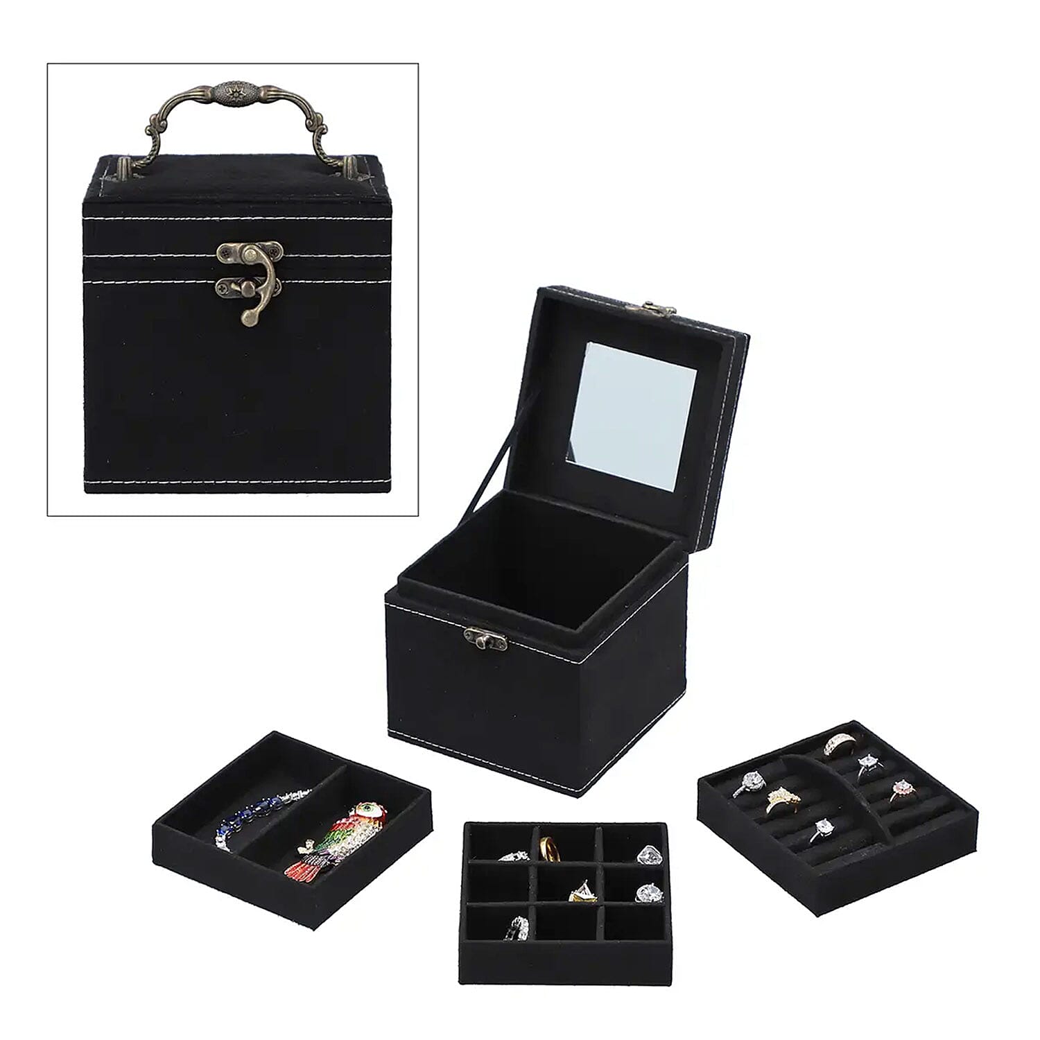 Black Velvet Three Layer Jewelry Box with Mirror, Handle & Lock (4.72x4.72x4.72)