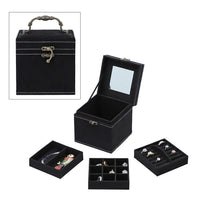 Black Velvet Three Layer Jewelry Box with Mirror, Handle & Lock (4.72x4.72x4.72)