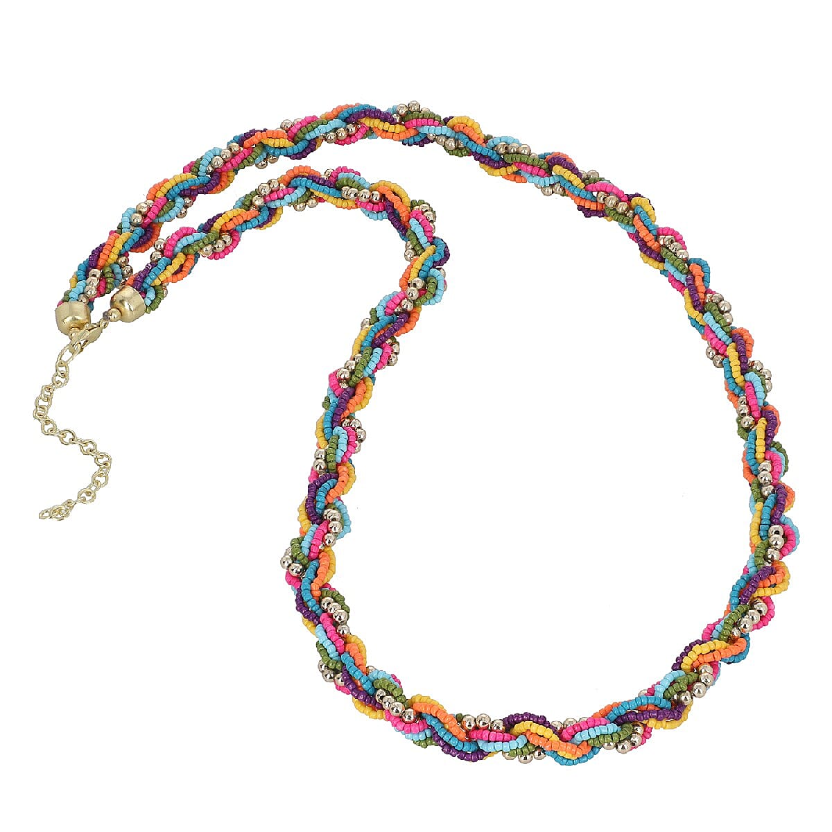 Multi Color Glass Seed Beaded Necklace (30 Inches) in Goldtone