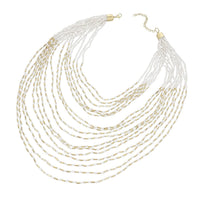 White and Gold Glass Seed Beaded Multi Strand Necklace (30 Inches) in Goldtone