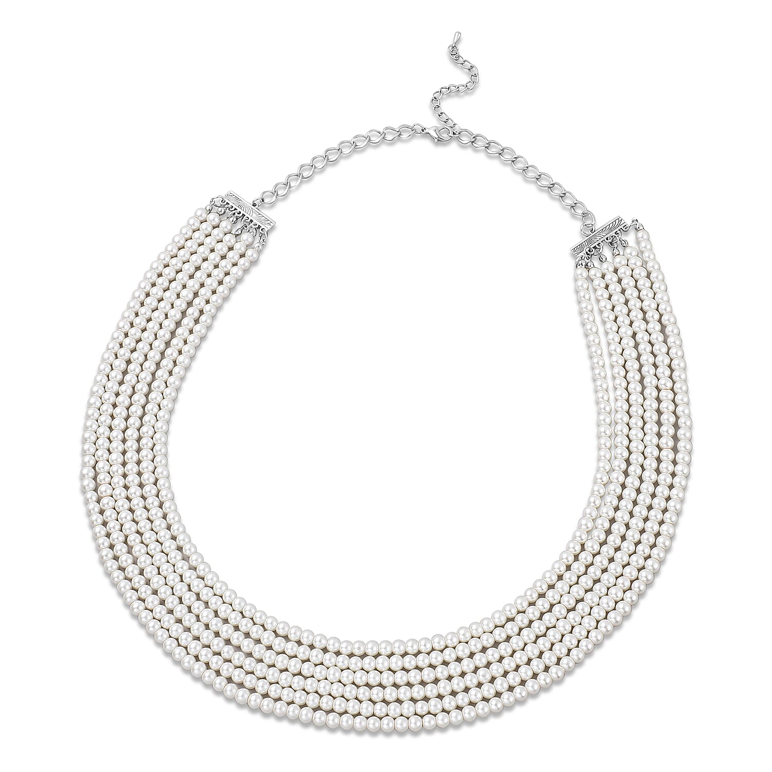 Simulated White Pearl Beaded Multi Row Necklace 28-30 Inches in Silvertone