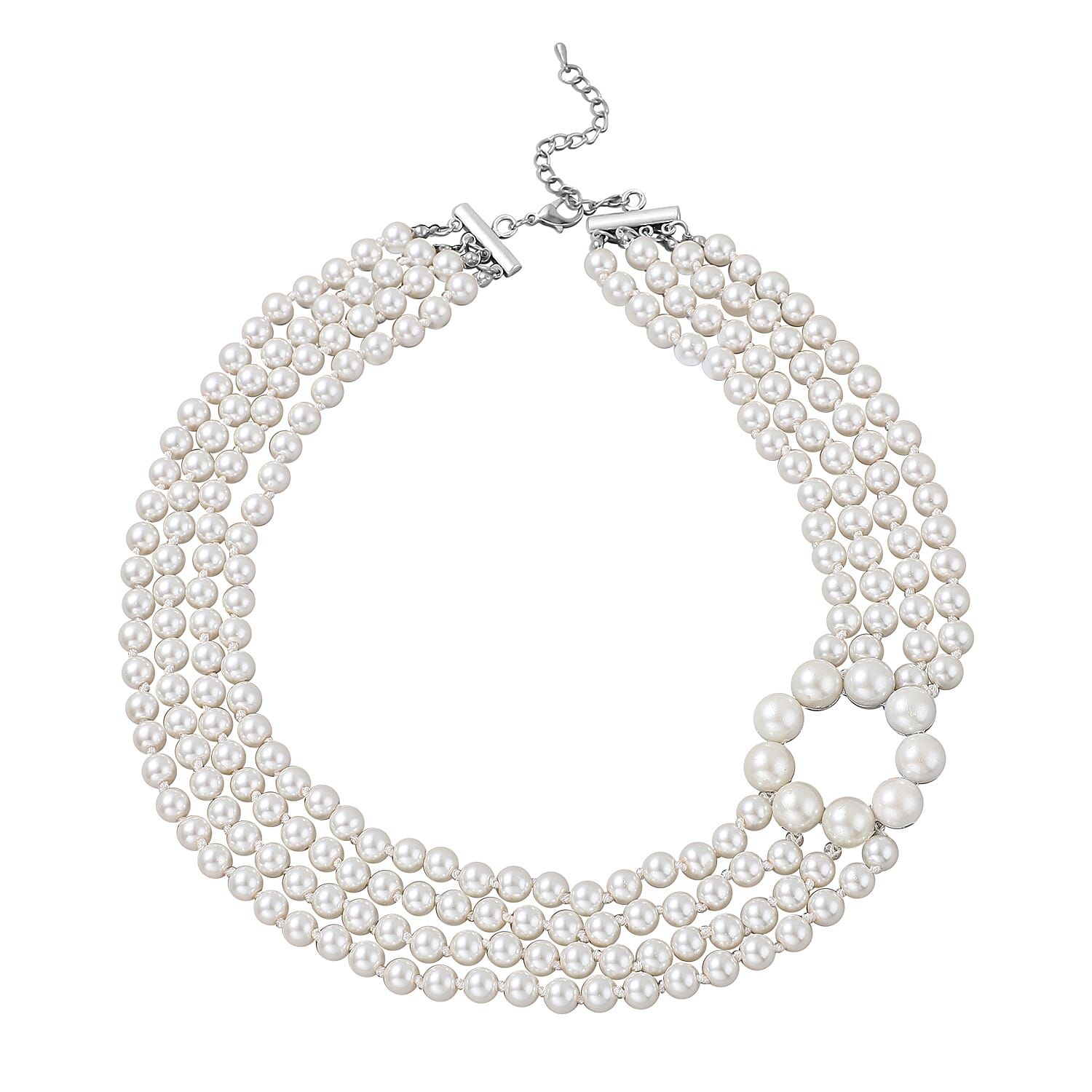 Simulated Pearl Multi Row Necklace 22-24 Inches in Silvertone