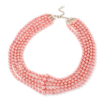 Simulated Peach Pearl Beaded Multi Row Necklace with Charm 22-25 Inches in Rosetone