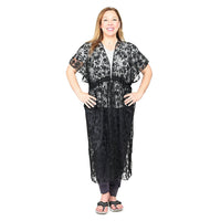 JOVIE Black Floral Lace Maxi Kimono with Drawstring Waist (44"x31")