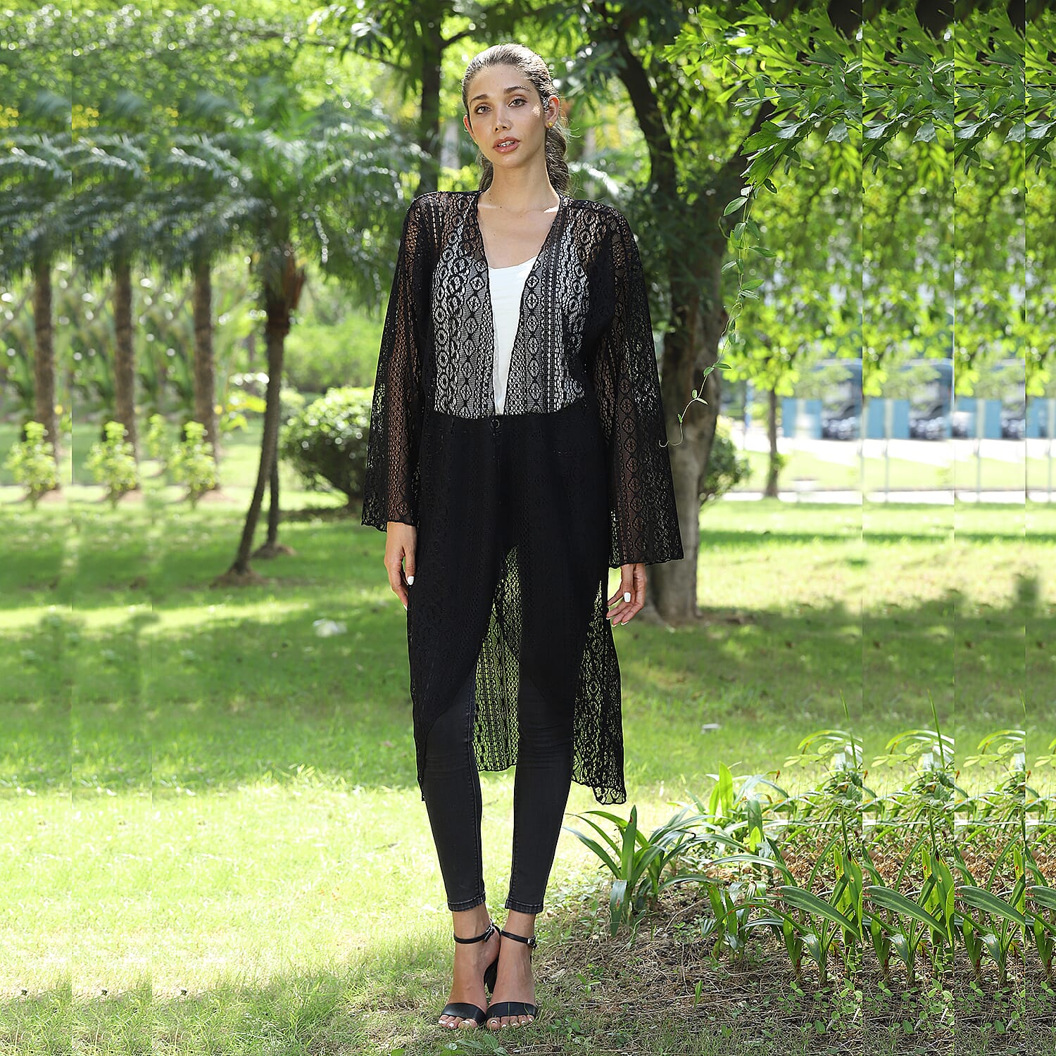 JOVIE Black Lace Long Sleeve Maxi Cardigan (45"x23"x18")