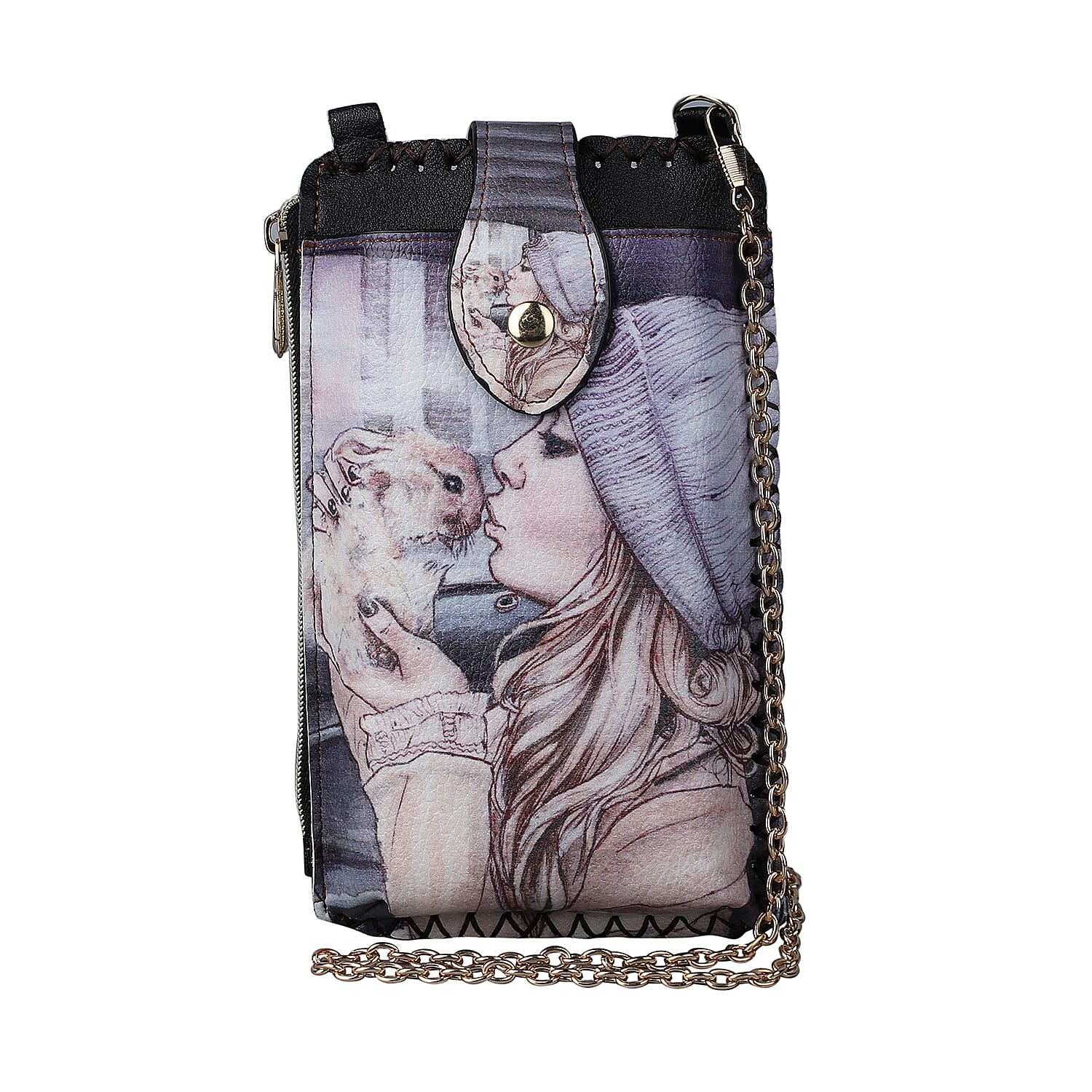 Beige Butterfly and Eiffel Tower Pattern Faux Leather Cell Phone Bag (4.13"x7.09") with Shoulder Strap